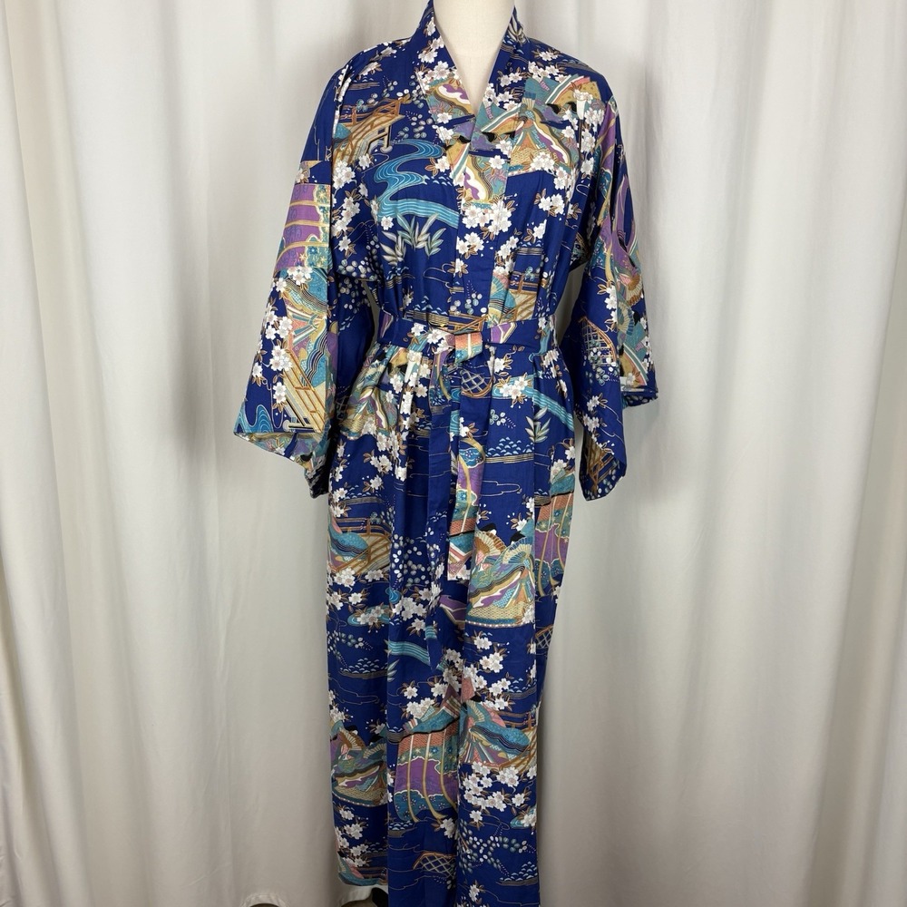 VTG JUGUEMM Kimono Robe Blue Gold Geishas River Cherry Blossoms Cotton JAPAN 56"